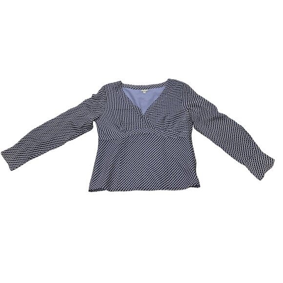 Ann Taylor Size 8 Navy Silk Blouse Geometric Print Long Sleeve Side Zip Y2K Work - Picture 9 of 13